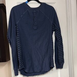 Men's Navy Long-Sleeve Henley with Striped Sleeve Panels
